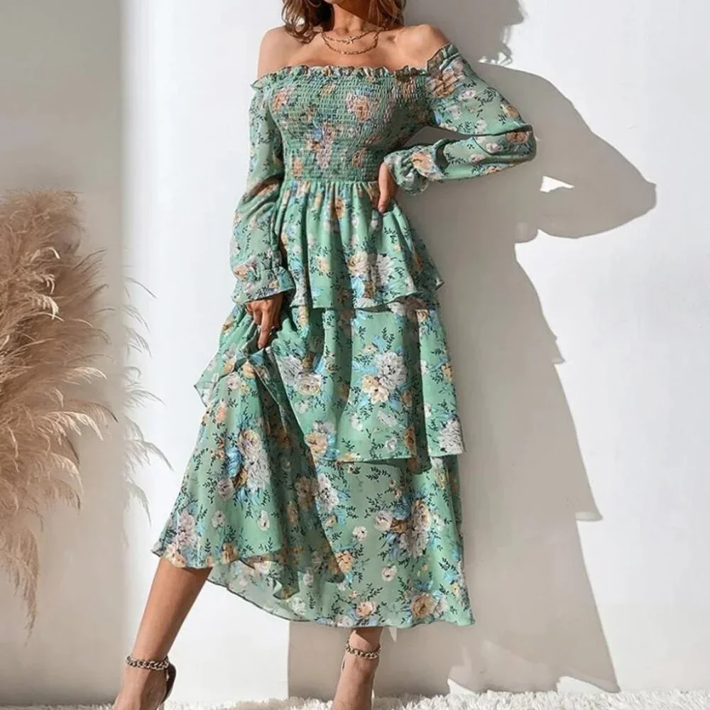 green Off The Shoulder Shirred Layered Hem Floral Printed Dress - Picture 6 of 8